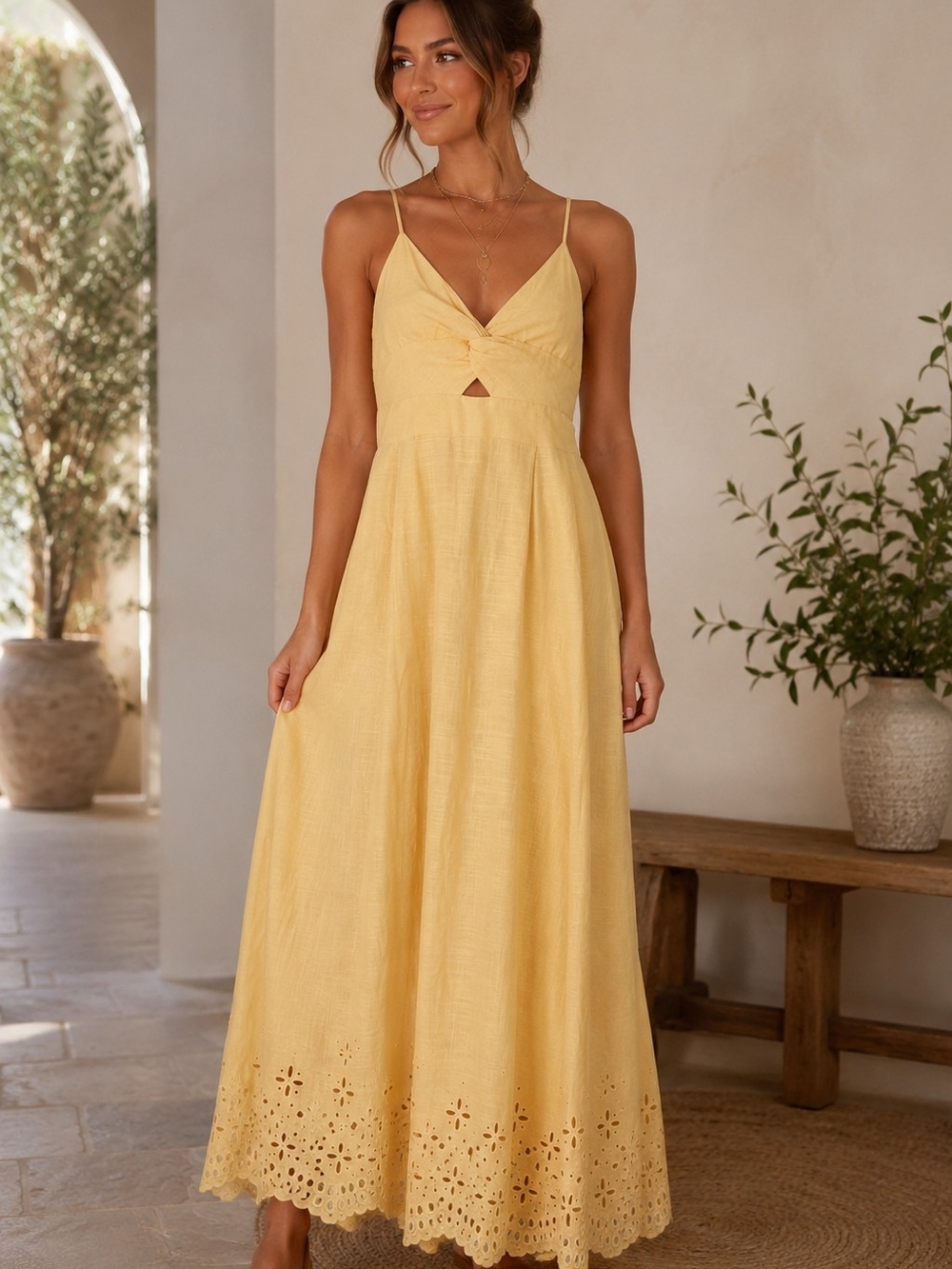 1. State Sunlit Yellow Maxi Dress with Eyelet Hem Sz XS Linen Blend Vacation